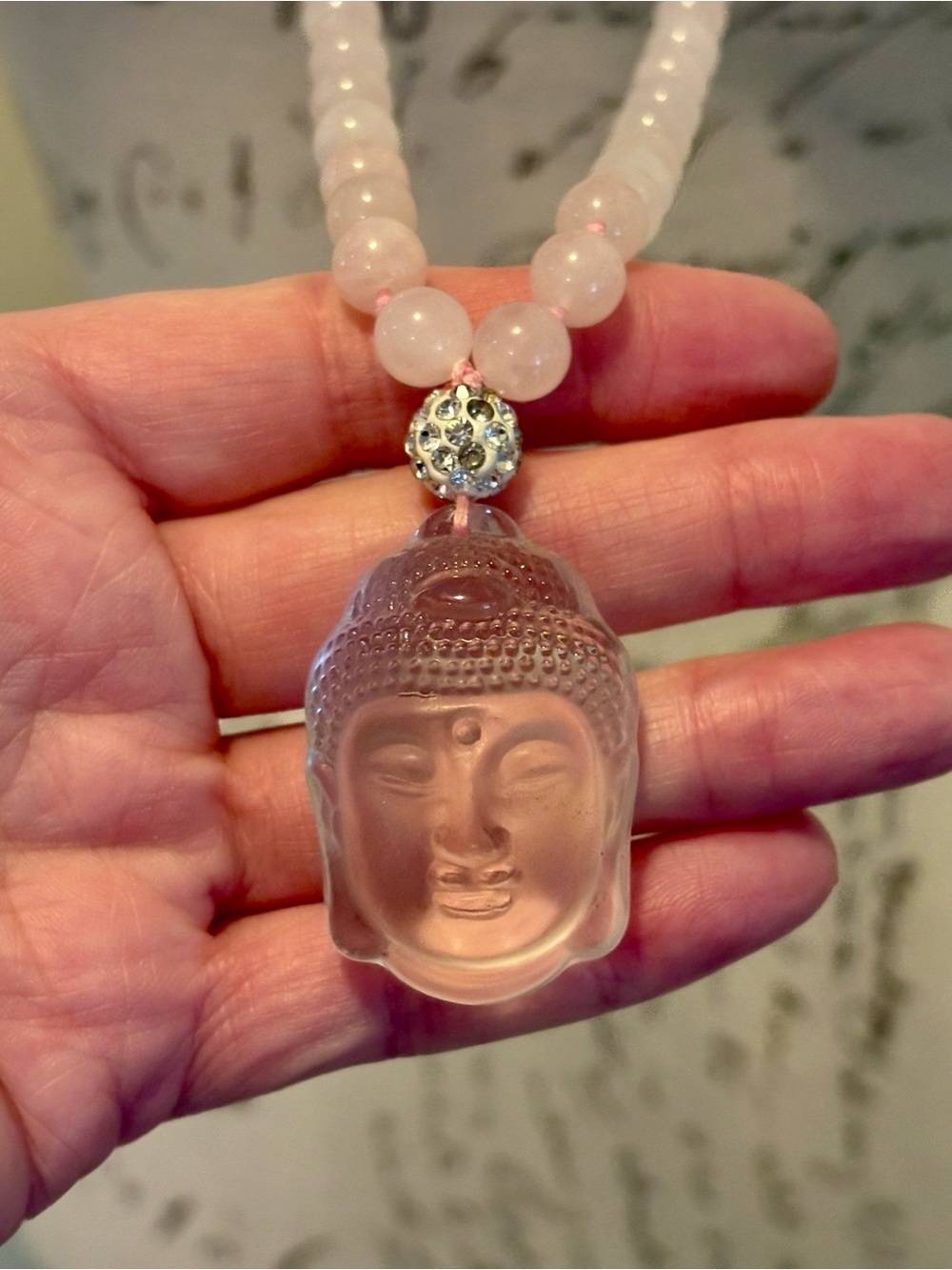 Vintage Rose Quartz Buddha Necklace Rock Crystal Pendant Hand Knotted 40” - Picture 14 of 15